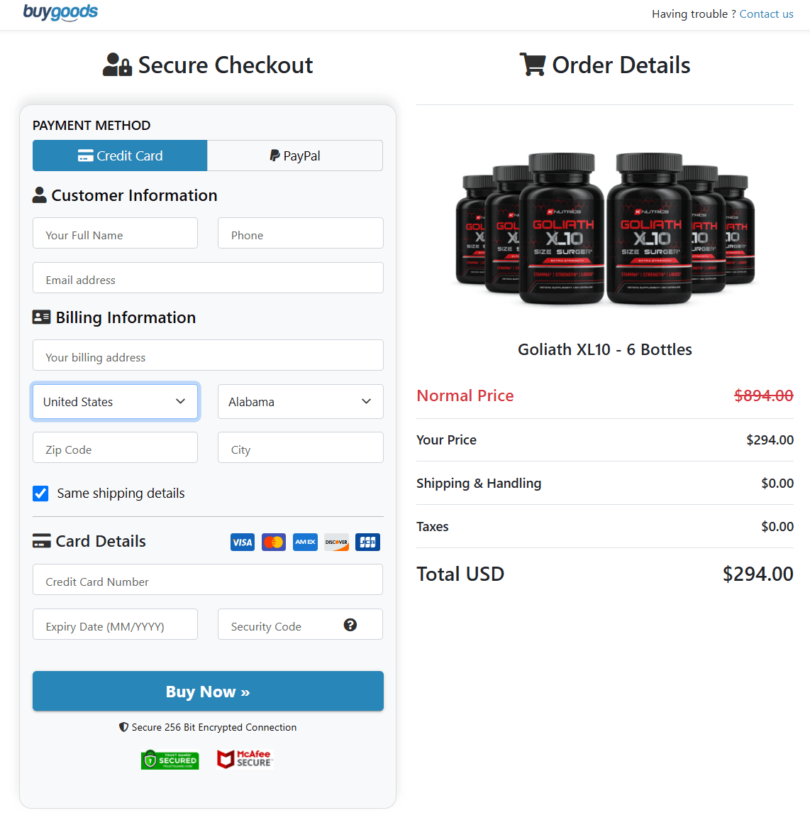 Goliath XL10 Secured Order Page